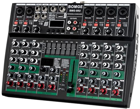 BOMGE Professioneller Audio-Mixer, Soundboard-Konsole, Schreibtischsystem, Schnittstelle, 8-K, USB, Bluetooth, MP3-Computereingang, 48 V, Phantomspeisung, Stereo, DJ-Studio, FX 256 Bit DSP, für
