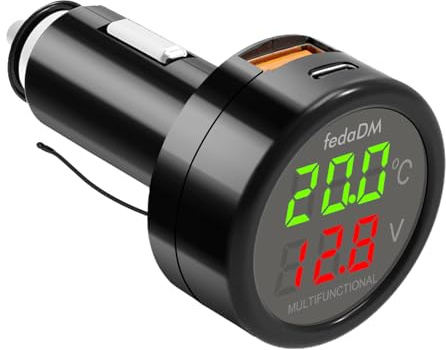 Dexumodbk Voltmeter 12V Auto,3 in 1 USB C Voltmeter Zigarettenanzünder | USB-A+USB-C;Temperatur/Digital Voltmeter;Batteriewächter;PD&USB Auto Ladegerät;Digital Thermometer Auto;für 12V/24V LKW