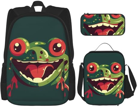 LZQPOEAS 3PCS Frog with Mouth Open Backpack Sets with Insulated Lunch Bag Pencil Case, 17inch Lightweight Laptop Backpack Shoulder Lunch Box and Pencil Bag for Women Men Travel Bags
