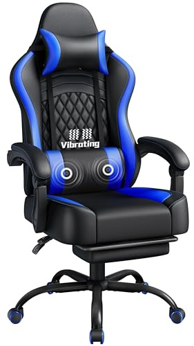 Abician Fauteuil Gaming Pivotant Ergonomique, Chaise d'ordinateur Inclinable avec Coussin Lombaire, Massant Têtière Amovible Repose-Pieds Coulissant, Assise Réglable en Hauteur, Noir/Bleu