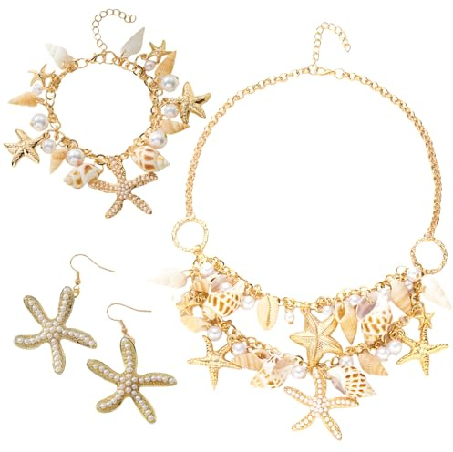 Meerjungfrau Kostüm Damen,Meerjungfrau Accessoires Damen,Muschel Schmuck,für Seestern Ohrringe Meer Karneval,Kette set Mermaid,Zubehör Halskette Muscheln und Unterwasserwelt,Mädchen Schmuckset