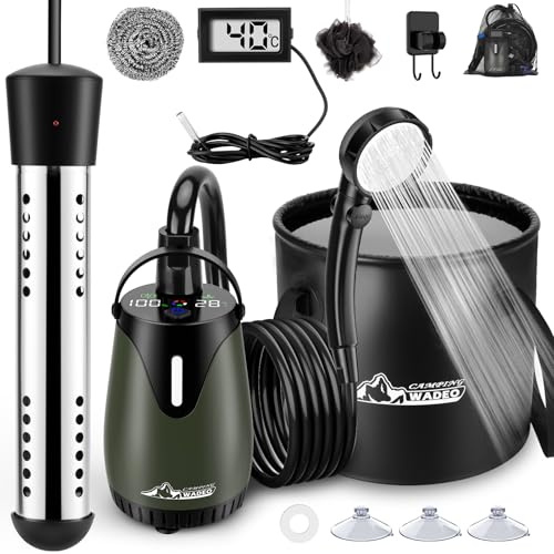 WADEO Douche Portable avec Chauffage à Immersion Instantané – [2000W] Autonomie 10 Jours, Pompe 5 Vitesses, Seau 20L, Écran LED, IPX8 – Kit de Camping pour Voyage, Animal, Voiture, Urgence