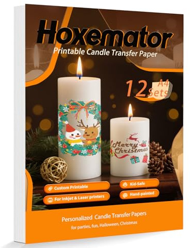 Hoxemator Wasserschiebefolie Kerzen [12 Blatt] Kerzentattoo Transferpapier für Laser & Inkjet Drucker, Kerzenfolie zum Bedrucken, DIY Kerzen Transfer Folie für Hochzeit, Taufe, Weihnachten, Party