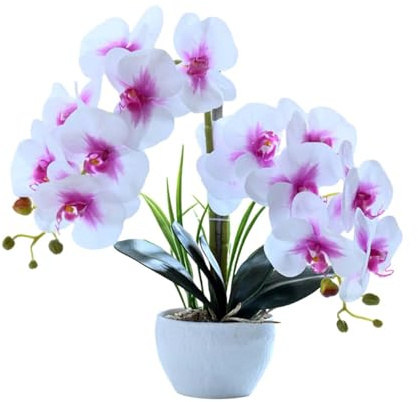 Orchidées Fleurs Artificielles 40cm 14Pétales Fausse Orchidée,Blanc Violet | Orchidée Artificielle, Imprimée en 3D, Décoration pour la Maison ou le Bureau, en Polyuréthane, Plastique et Fil de Fer