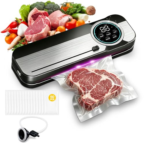 RoserRose 6 in 1 Vakuumiergerät, 120W Vacuum Sealer Machine mit Trocken-/Moist-Modus, 75 kPa Folienschweißgerät mit 50 Vakuumierbeutel und 1 Schlauch für Obst, Gemüse, Brot, Fleisch