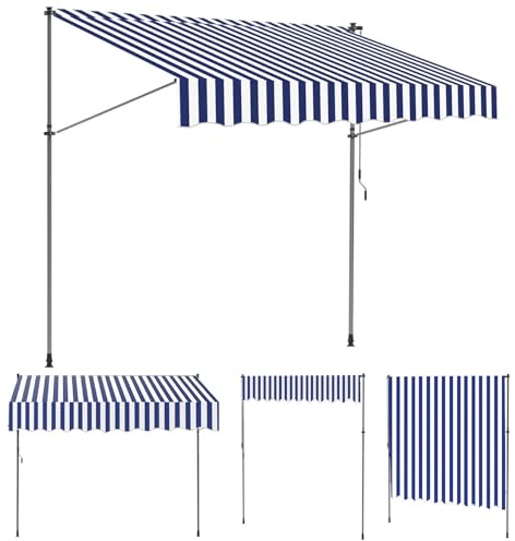 Monucep Klemmmarkise 300 cm Breit, Markise Ohne Bohren mit Handkurbel,Klemmmarkise Balkon UV-beständig,Balkon Sonnenschutz und Wasserdicht,Balkonmarkisen zum Klemmen Blau Weiß