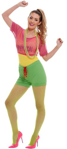 Smiffys Let's Get Physical Girl Costume, Multi-Coloured with Leotard, Crop Top, Shorts and Headband, 1980's Fancy Dress, 1980s Dress Up Costumes