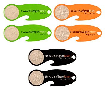 Einkaufswagenlöser Münze grün,orange,schwarz/Schlüsselanhänger Einkaufschip mit Schlüsselfundservice/Abziehbarer Einkaufswagenchip Metall, Chip Einkaufswagen, Key Finder / 6 Stück
