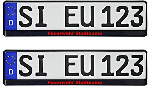 1 Paar Kennzeichenhalter schwarz mit Feuerwehr + Wunschstadt bedruckt beschriftet