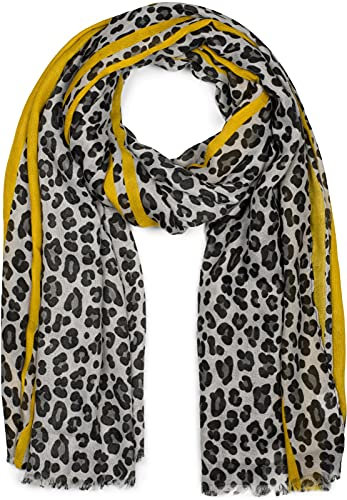 styleBREAKER Damen Schal mit Leo Muster, farbigem Streifen und Fransen, Tuch 01017082, Farbe:Grau-Gelb