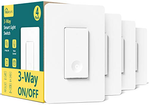 TREATLIFE Interruptor de luz inteligente de 3 vías, paquete de 4, interruptor inteligente Wi-Fi de 2.4 GHz, funciona con Alexa y Google Home, requiere cable neutro, control remoto, certificado FCC, no