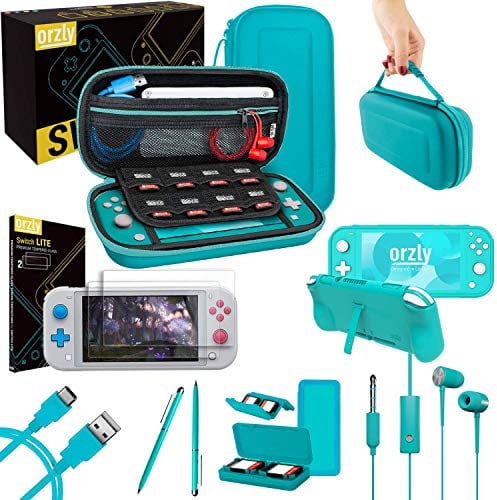 Switch Lite zubehör für Nintendo Switch Lite tasche hülle Panzerglas Schutzfolien, USB Ladekabel, Konsole Tragetasche, Spiele Patronenhülse,Comfort Grip Case, Kopfhörer- Türkis Blau yellow Koralle