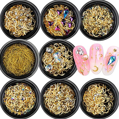VINFUTUR 8 Boxes Moon & Star Nail Art Studs Nail Rivets Assorted Hollow Moon Star Nail Art Decorations Metal Moon Star Pattern DIY Manicure Sequins (Moon & Star)