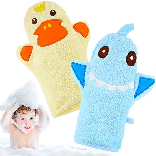 2 Stücke Baby Bad Fausthandschuh Waschlappen mit Niedlichen Tier Designs Gelb Ente Hai Baumwolltuch Sanftes Weiches Peeling für Kleinkind Bad und Dusche