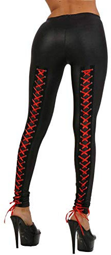 MISS NOIR Damen Wetlook Leggings mit Satin Schnürung hinten Niedrige Taille Hose Sexy Clubwear (XXL/3XL)