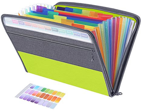 Expanding File Organisers,13 Pockets Document Organiser Box Files, Rainbow Filing Folder, Fun Storage Accordian A4 Folders, Portable Files Wallets Plastic Documents Paperwork Boxes with Zip (Green)