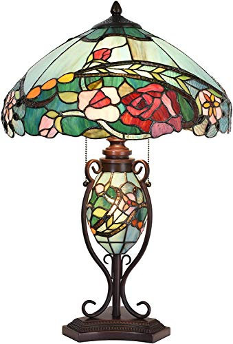 Bieye L30738 Tischlampe aus Buntglas im Tiffany-Stil, doppelt beleuchtet, für die Inneneinrichtung, 16 B x 24 H (Rosenblüte)