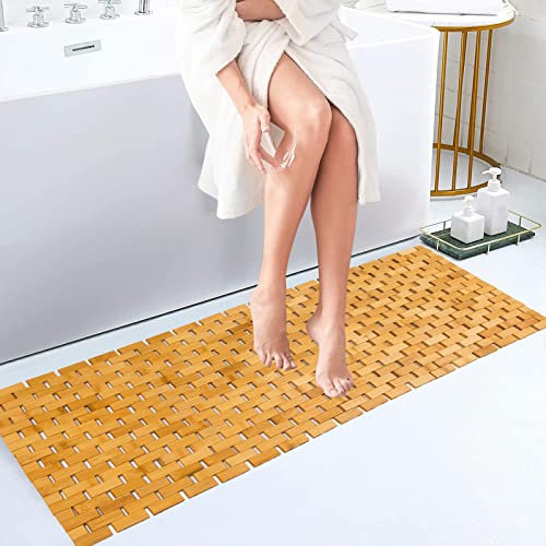 Fovlaurs Tappetino da bagno in bambù lungo grande tappeto da pavimento in legno doccia vasca da bagno impermeabile antiscivolo accessori 40,6 x 122,7 cm facile da pulire, naturale, 1 pz