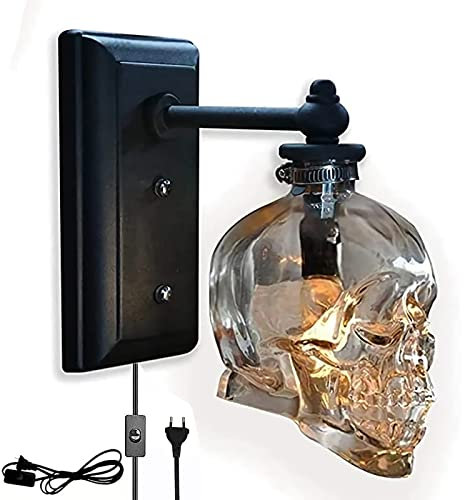 Totenkopf Lampe Schwarz Wandleuchte Innen mit Schalter und Stecker Retro Industrie Wandlampe LED Schädel Glas Deko Licht E14 Wandbeleuchtung für Wohnzimmer Schlafzimmer Esszimmer Flur Landhaus Loft