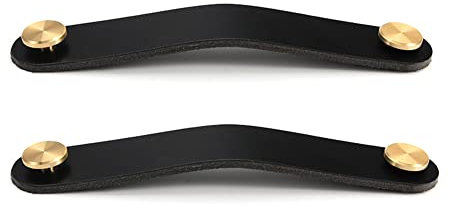 Lot de 2 boutons en cuir noir et laiton - Longueur totale de la poignée de tiroir : 165 mm - Pas : 128 mm
