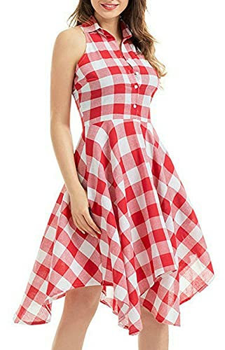 Ni_ka Robe Chemise Femme Carreaux Taille Haute Robes Asym Trique sans Manches Sexy Dresses Chic Et Glamour Dress Summer Gris Rouge Taille S à 2XL