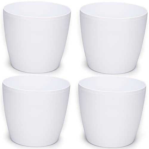 PECZEKO Pots de Fleurs Brillants - Pots de Plantes décoratifs pour Fleurs et Herbes - Pots de Plantes Ronds en Plastique durables - 4 pièces (Blanc, ø 12 cm