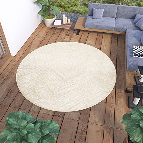 TAPISO Viera Teppich Outdoor Indoor Rund Creme Weiß Blätter Loop-Teppich Sisal Optik Wasserfest UV-Beständig Terasse Balkon ÖKO-TEX 80 x 80 cm