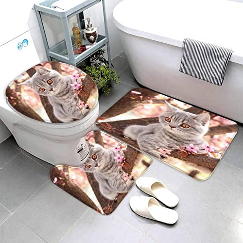 AOLIGL Badezimmermatte Set Süße Katze 3D Drucken Tier Katze Teppich Badezimmer Badgarnitur 3teilig Mikrofaser Bath mat U-förmigen Contour Matte- WC Vorleger 40 x60