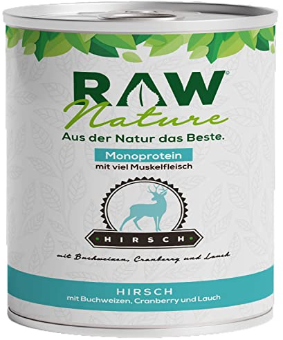 RAW Nature Hirsch Pur Hunde-Nassfutter – 800g, Buchweizen & Cranberries | Getreidefreies Alleinfuttermittel für Hunde mit Hirsch als Monoprotein, viel Fleisch, Buchweizen und Cranberries.