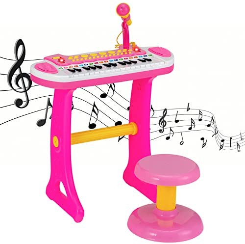 COSTWAY Teclado Piano Infantil de 31 Teclas, Juguete Musical Piano Infantil para Niños con Efectos de Luz, Múltiples Sonidos, Micrófono y Taburete, Órgano Electrónico Educativo para 3＋Niños (Rosa)