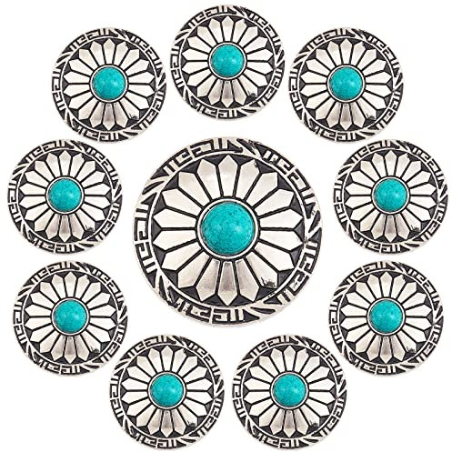 GORGECRAFT 10 Stück 1-Loch-Türkis-Knöpfe Westliche Conchos Schraubverschluss Rund Metall Dekorative Conchos Flach Rund Mit Sonnenblumenmuster Für DIY-Gepäck Und Hardware-Zubehör