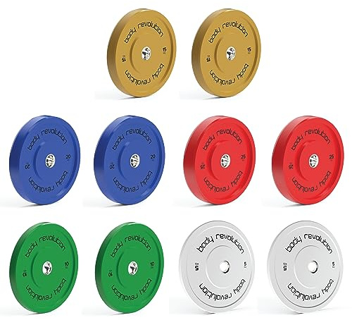 BODY REVOLUTION Olympic Weight Plates for 2 Barbells - 150kg Set - Solid Colour Rubber Bumper Plates, Home Gym Equipment for Strength Training