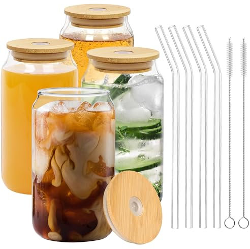 Winter Shore Verre Canette avec Couvercle en Bambou 500 ml [Lot de 4] - Verre Macchiato Avec Paille en Verre (4) & 2 Brosses - Verre Smoothie Réutilisable pour Café Glacé, Thé & Bubble Tea