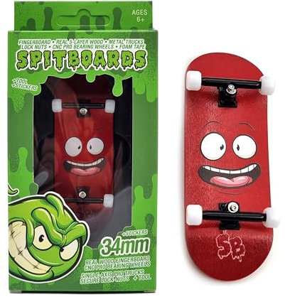 SPITBOARDS 34mm x 96mm Pro Fingerboard Set-Up (Complete) | Real Wood Deck | Pro Trucks with Lock-Nuts and Pro Bushings | Polyurethane Pro Wheels with Bearings | Red Face