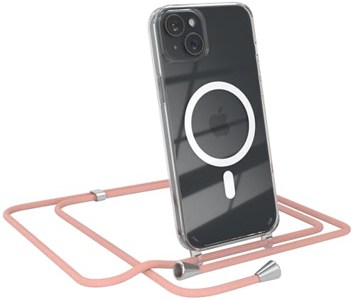 EAZY CASE - Handykette kompatibel mit iPhone 15 Plus Kette zum Umhängen Stoßfest Handyhülle für iPhone 15 Plus Silikon Hülle mit Band Handytasche Transparent als Fallschutz in Alt Rosa - Clips Silber