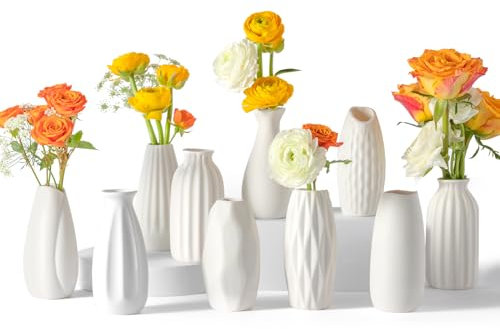 Kleine weiße Keramikvasen Set mit 10 Stück – Mini-Knospenvasen für Blumen und Pampasgras, Boho-Mittelstücke für Zuhause und Party, weiße Vasen, Heimdekoration, Keramikvasen-Set für Hochzeiten
