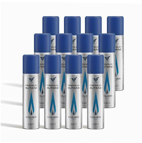 Colibri - Pack de 12 Botellas de Gas Butano Puro al 100%, Recarga para Encendedores y Mecheros, 90ml c/u