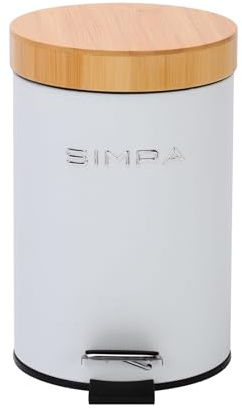 simpa 3L 3 Litre Matt White Slim Soft-Closing Pedal Dustbin with Bamboo Lid