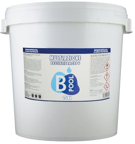 B POOL Multiazione 200 GR. Pastiglie ad azione Sanitizzante, Stabilizzante, Antialghe, Flocculante per il trattamento dell'acqua della tua piscina. Formato da 25 Kg