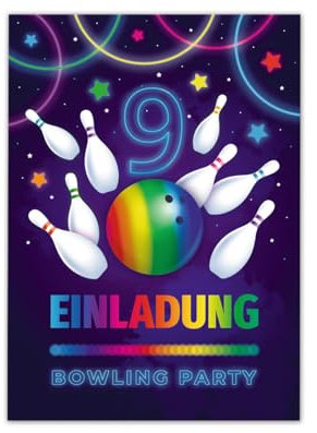 12 Einladungskarten zum 9. Kindergeburtstag Bowling Kegeln Jungen Mädchen Einladungen neunte Geburtstag Kinder