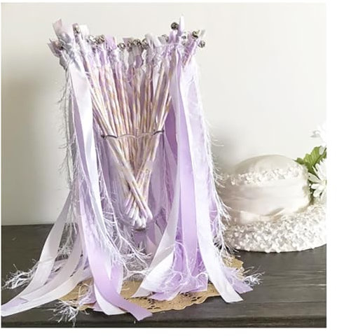 Yurosiay 10 Stück Wedding Wands mit Glittzer Dekoband Fee Stick Zauberstäbe Glocken Luftschlangen Seide Band Feenstab Seidenfee Stab für Hochzeit Babypartys Geburtstag Party Lila 30 Stück