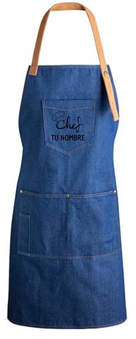 SANGOIMPRESS Delantal Vaquero Chef Cocinero Personalizado En Vinilo Con Tu Nombre. Hombre Mujer. Regalo original. (Vaquero)