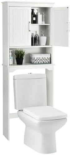 COSTWAY Over Toilet Storage Unit, Freestanding Bathroom Space Saver with 2 Doors and Open/Adjustable Shelves, 168cm Wooden Above The Toilet Cabinet Laundry Organizer Rack for Small Space, White