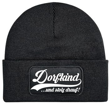 NIMAMA Mütze Beanie Dorfkind Wintermütze Statement Spruch Print Geschenk Unisex Strickmütze für Herren & Damen - Schwarz