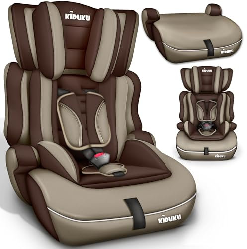 KIDUKU® Siège auto pour enfants avec Protection, évoluant avec la croissance, Norme ECE R129/03, de 9 kg à 36 kg (de 1 à 12 ans), Groupe 1 + 2 + 3 (Marron/Beige)
