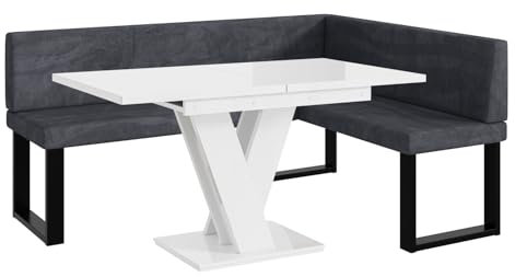 MEBLINI Eckbank für Esszimmer mit ausziehbarem Tisch - Küchenbank - Essecke - Sitzecke Küche - Toni - U-Beine 128x168x87cm Rechts - Dunkelgrau Samt/M Weiß Hochgl.