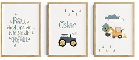 Generisch Kinderzimmer Bilder Junge, Wanddeko mit einem Traktor, Kinderspruch, Bagger als 3er Set ohne Rahmen (Weiß, 30x40 cm)