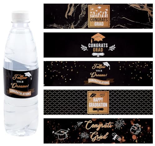 PH PandaHall 5 Styles Graduation Water Bottle Labels, 50pcs Congrats Grad Bottle Stickers Black Gold Adhesive Waterproof Bottle Wraps Label Decorative Celebration Label for Party Supplies, 21.6x6.4cm