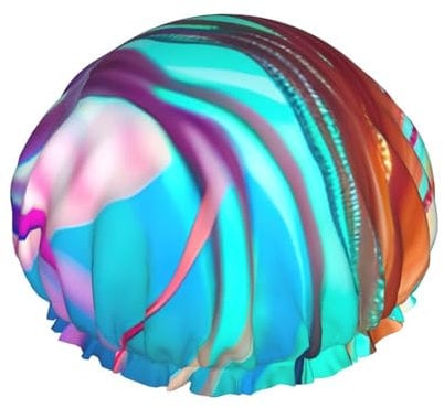 Colored Jellyfish Print Shower Cap For Women,Reusable Bath Cap,Breathable Shower Caps,Bathing Shower Caps With Adjustable