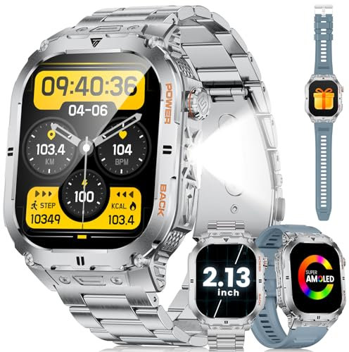 Smartwatch Uomo,2.13 AMOLED Orologio Smartwatch Uomo con Torcia/450mAh/5ATM Impermeabile Smart Watch Militare Fitness con 113 Modalità Sport/Cardiofrequenzimetro/Chiamate Whatsapp Android iOS Argento